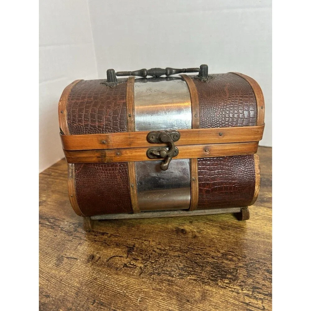 Vintage Treasure Chest Wooden Faux Croc Metal Accent Trinket Box Decorative